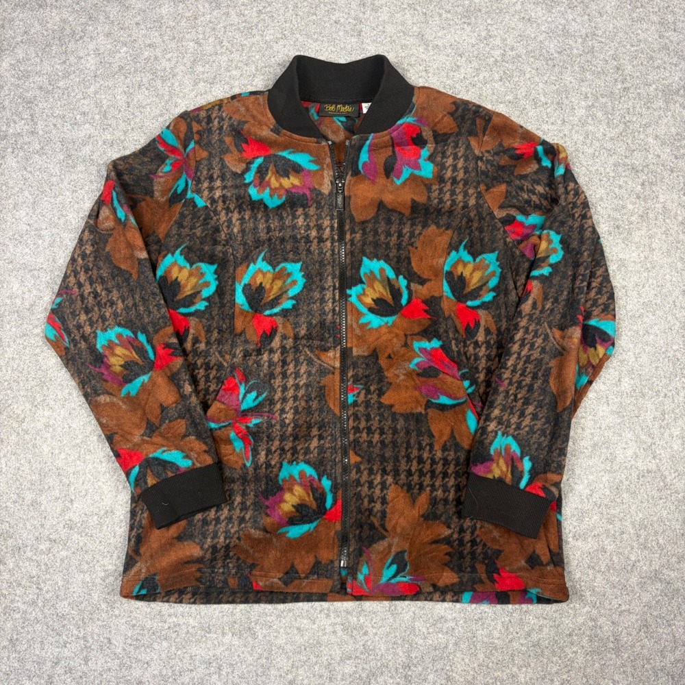 Bob Mackie Wearable Art Fleece Jacket Small Brown Floral Houndstooth Zip Up
